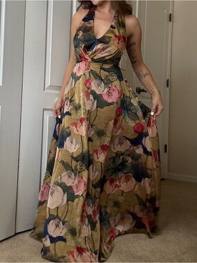 Aakaa Olive Green Floral Halter Maxi Dress